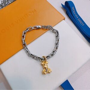 Louis Vuitton Two-Tone Silver Chain Bracelet with Gold Teddy Charm